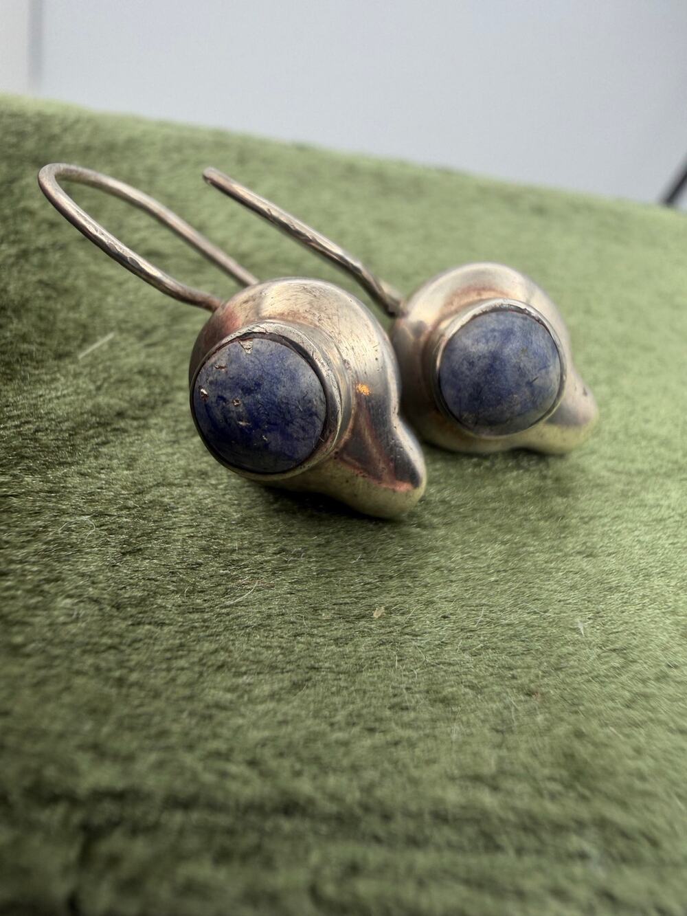 Sterling Silver Dangle Earrings Round denim lapis lazuli Cabochon
